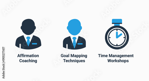 Personal Development Icons for Coaching, Goal Setting, and Effective Time Management.