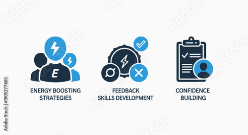 Personal Development Icons for Energy Boosting, Feedback Skills, and Confidence Building Strategies.