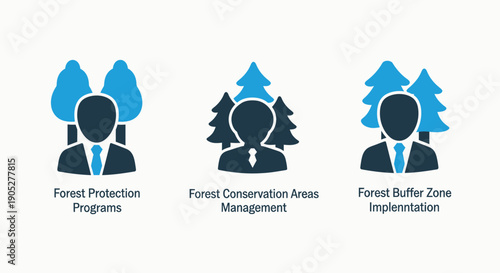 Essential forest protection and conservation strategies, including buffer zone implementation and area management, depicted as clean blue vector icons.