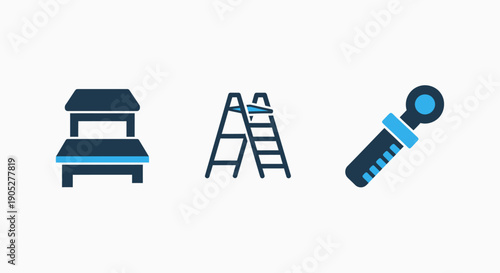 Essential household and workshop tools, featuring a step stool, ladder, and wrench, illustrated as clean blue utility icons for home improvement projects.
