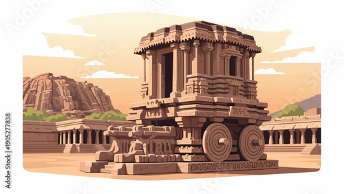 Pixelated ancient stone chariot rests before temple complex under hazy sky