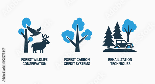 Comprehensive forest conservation strategies, including wildlife protection, carbon credit systems, and rehabilitation techniques, depicted as clean blue icons.
