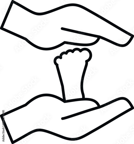 Outline drawing showing two hands protecting a small baby foot