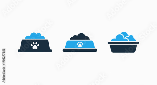 Essential pet feeding supplies and animal care concepts, featuring various dog and cat food bowls with paw prints, in a clean blue icon set.