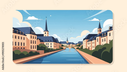 Pixelated cityscape with river, bridges, and ancient buildings under blue sky