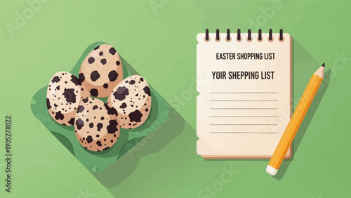 Quail eggs in a tray next to a shopping list and pencil