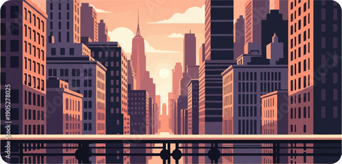Pixelated cityscape at sunset, reflecting in water