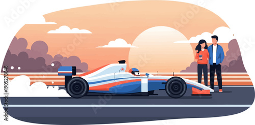 Racing car on track with onlookers at sunset