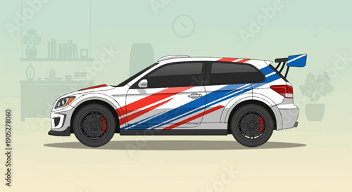 Racing hatchback with red, white, and blue stripes