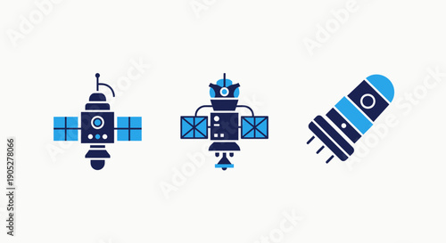 Advanced Space Technology Icons Featuring Communication Satellites, Space Probes, and Launch Rockets for Exploration and Research