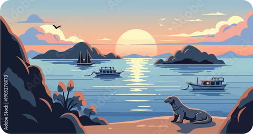Pixelated coastal scene at sunset with boats and a seal on shore