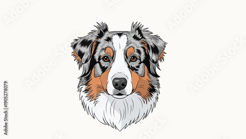 Realistic illustration of a tri-color dog's face with intelligent eyes