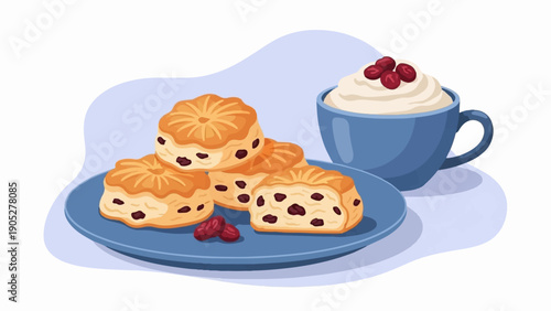 Raisin scones and whipped cream topped drink on a blue plate