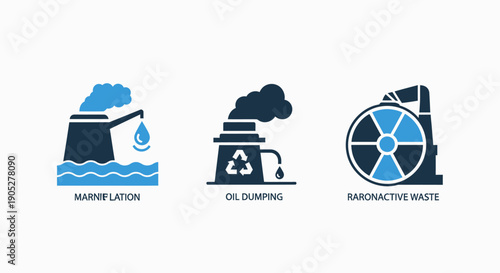 Industrial Water Pollution, Oil Dumping, and Radioactive Waste Icons: Environmental Contamination Vector Illustration Set.