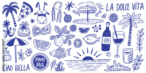 Italian or Greek Style Vacation Hand Drawn Vector Illustration Set in Grunge Chalk and Charcoal Rough Doodle Sketch Style, Simple Ink Summer Drawings for Posters, Placards, and Print Design