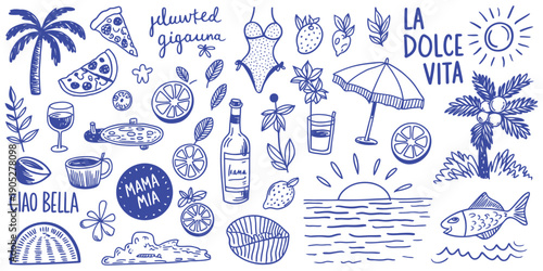 Italian or Greek Style Vacation Hand Drawn Vector Illustration Set in Grunge Chalk and Charcoal Rough Doodle Sketch Style, Simple Ink Summer Drawings for Posters, Placards, and Print Design