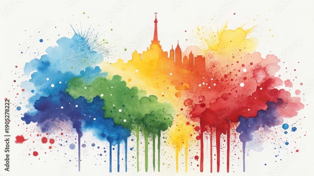 Fototapeta premium Colorful watercolor splash with city skyline