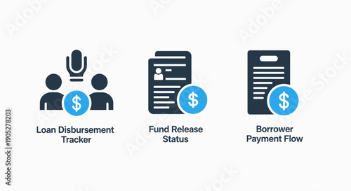 Financial Services Icons: Loan Disbursement Tracking, Fund Release Status, and Borrower Payment Flow