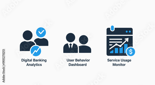 Digital Banking Analytics, User Behavior Dashboard, and Service Usage Monitor Icons for Financial Technology