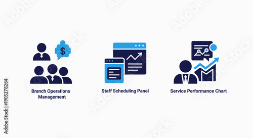 Business Operations Management Icons: Staff Scheduling Panel and Service Performance Charts
