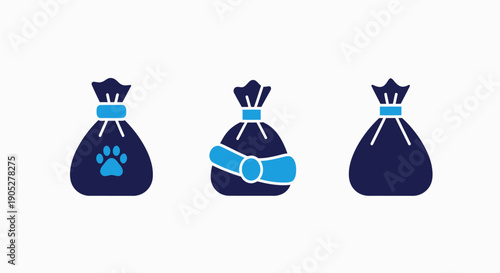 Pet Products and Gift Bags Icons Set: Animal Paw Print Pouch, Ribbon Wrapped Treat Bag, and Simple Storage Sack Vectors