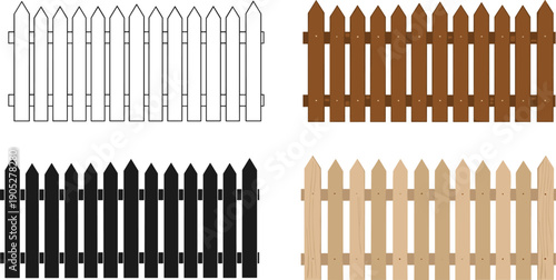 Set of wooden picket fence illustrations in different colors and styles, showcasing classic garden fencing designs for residential landscaping and outdoor decoration concepts