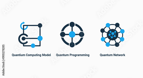 Advanced Quantum Computing and Networking Icons: Model Development, Programming, and Interconnected Network Visuals
