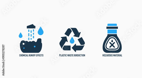 Environmental Impact and Sustainability Icons: Chemical Runoff, Plastic Waste Reduction, and Hazardous Material Management