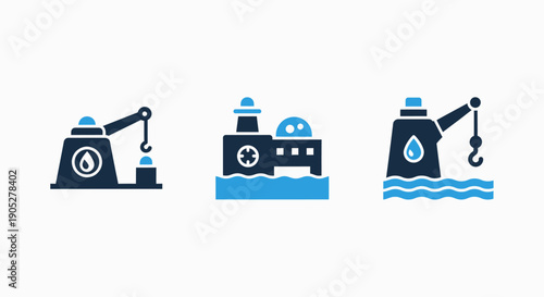 Industrial Energy and Environmental Icons Depicting Oil Extraction, Offshore Platforms, and Water Pollution Concerns