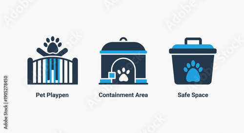 Comprehensive Pet Safety and Care Icons Including Playpens, Containment Areas, and Designated Safe Spaces for Animals