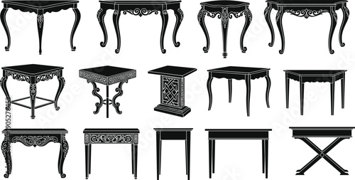 Vintage black table silhouettes collection featuring classic antique furniture designs isolated on white background for interior decor and graphic design use