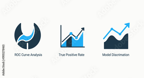 Advanced Data Science and Machine Learning Icons for ROC Curve Analysis, True Positive Rate, and Model Discrimination Metrics