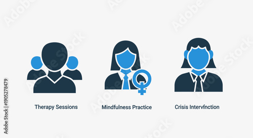 Blue and dark blue flat icons representing mental health services: therapy sessions, mindfulness practice, and crisis intervention for women and groups.