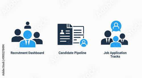 Comprehensive HR and recruitment system icons: a recruitment dashboard, candidate pipeline management, and job application tracking processes.