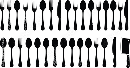 Black cutlery silhouette set with forks spoons knives and cleaver isolated on white background for kitchen, restaurant, dining design