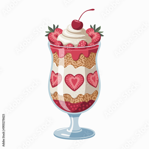 Dessert glass filled with layered strawberry parfait, whipped cream, and cherry on top, seen from straight on, in a sweet and festive setting