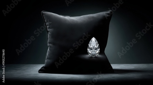 A magnificent pear-shaped diamond rests on a plush black velvet cushion, illuminated by soft light.