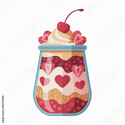 A sweet dessert jar filled with layered strawberries, cream, and cookies topped with whipped cream and a cherry, viewed from the front