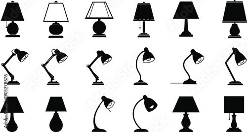 Black lamp silhouettes collection featuring table lamps and desk lamps in modern and classic styles isolated on white background for graphic design use