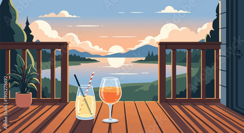 Pixelated deck with drinks overlooks serene sunset lake vista