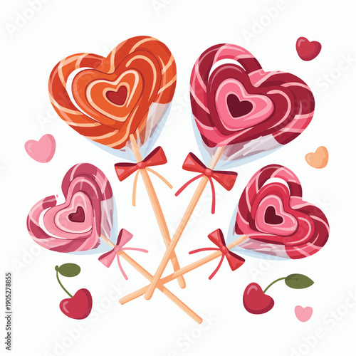 Colorful heart-shaped lollipops and cherries arranged closely together on a festive display