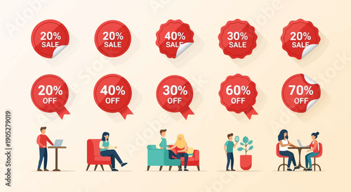 Red discount tags and people interacting in a light background