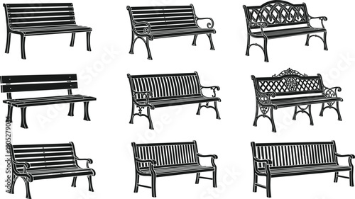 Collection of vintage park bench silhouettes featuring classic wooden and metal seating designs, ideal for urban landscaping, garden furniture, and outdoor public space concepts
