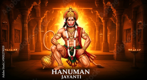 Hanuman Jayanti: A majestic depiction of Hanuman, embodying strength and devotion, radiates with divine light in a traditional setting during Hanuman Jayanti, a celebration of faith and spirituality.