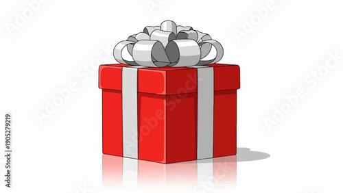Red gift box with white ribbon bow and vertical bands