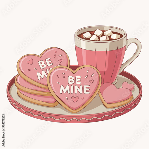 Heartfelt treats and hot chocolate on a decorative plate, perfect for a romantic Valentine's Day celebration at home.