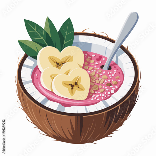 Pink banana smoothie with sliced bananas and chia seeds in a coconut shell bowl with a spoon and green leaves on top viewed from above