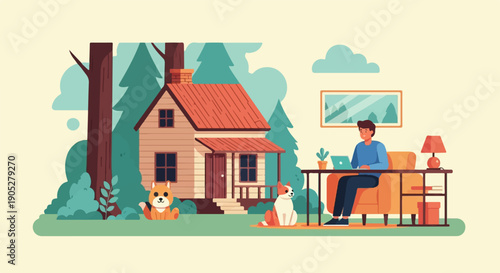 Person working remotely in a cozy cabin with dogs and trees