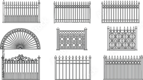 Decorative wrought iron fence and gate collection featuring classic and ornamental metal designs vector illustration set isolated on white background