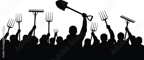 Farmer protest crowd silhouette with raised agricultural tools showing rural workers demonstration, labor movement, unity, and social resistance concept isolated on white background